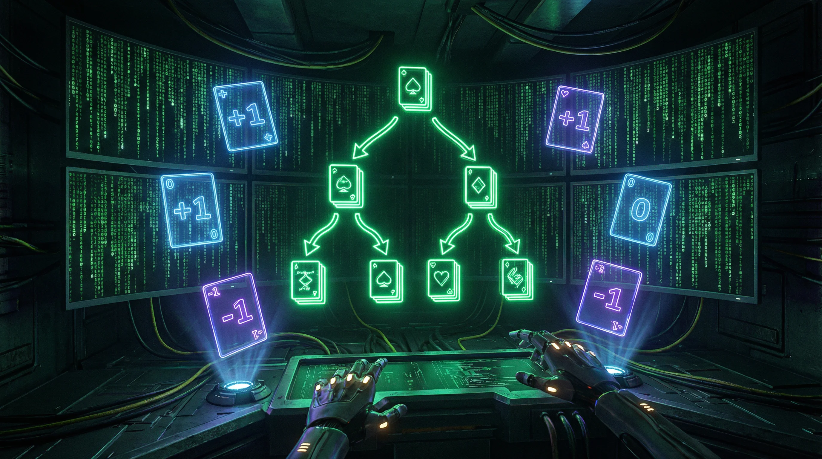 Diagrama de estratégia de blackjack mostrando árvore de decisões com cartas holográficas